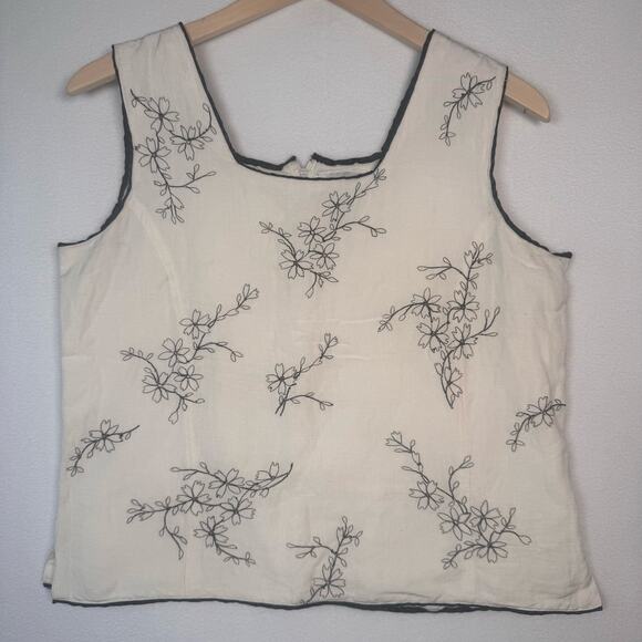New Directions Linen Blend Boxy Top Sleeveless Flower Embroidery Coastal Medium - Picture 1 of 6